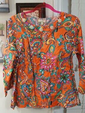 Choices Women’s M Orange Multicolor Paisley Round Neck 3/4 Sleeve Woven Blouse M